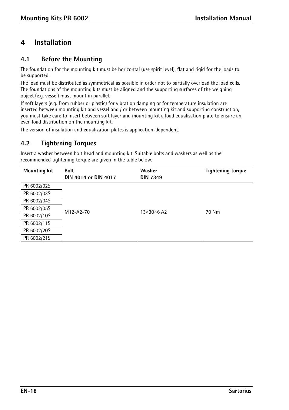 4 installation, 1 before the mounting, 2 tightening torques | Rice Lake PR6202 Hygienic Weigh Module Kits User Manual | Page 20 / 70
