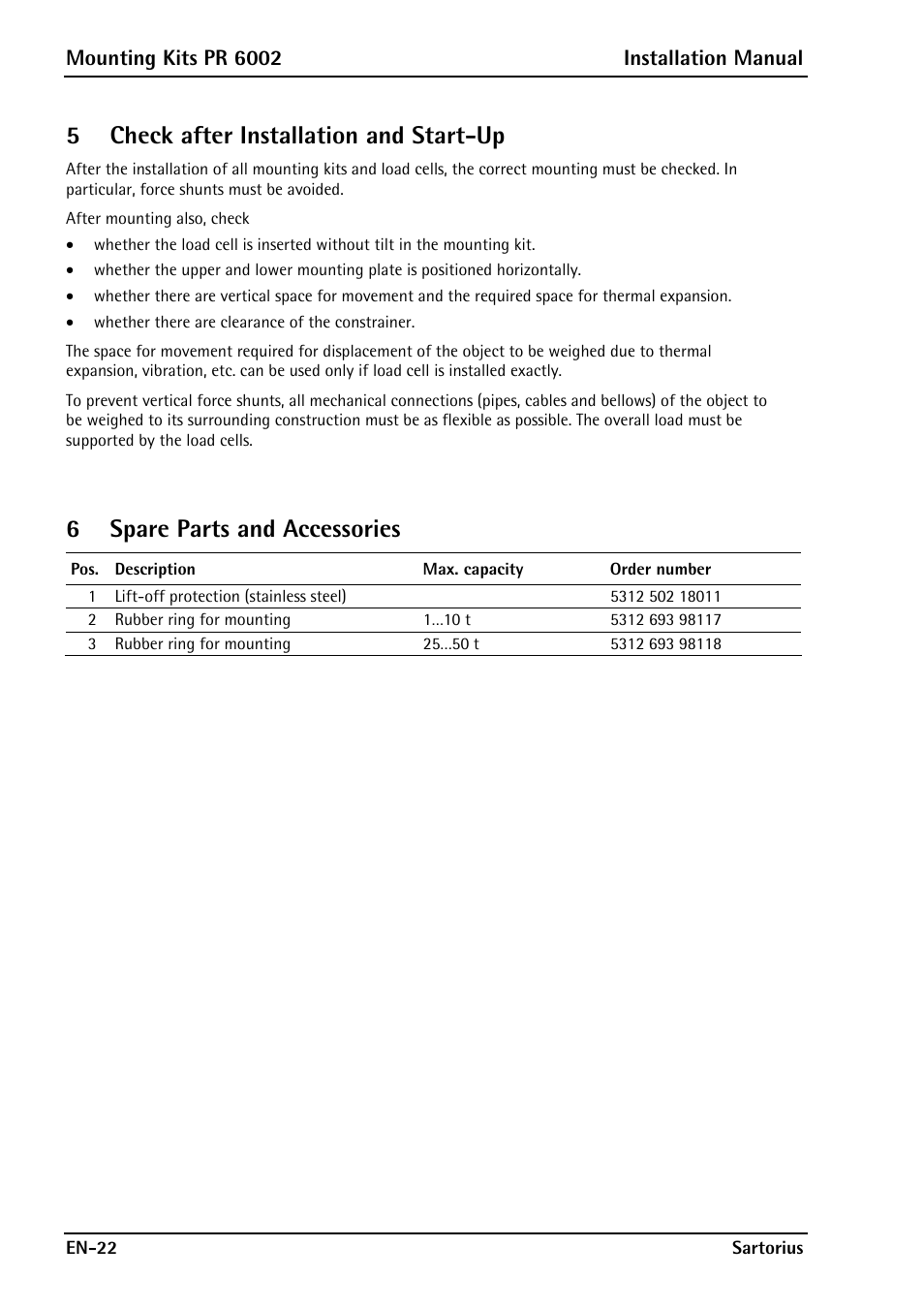 5 check after installation and start-up, 6 spare parts and accessories, Mounting kits pr 6002 installation manual | Rice Lake PR6202 Hygienic Weigh Module Kits User Manual | Page 24 / 70