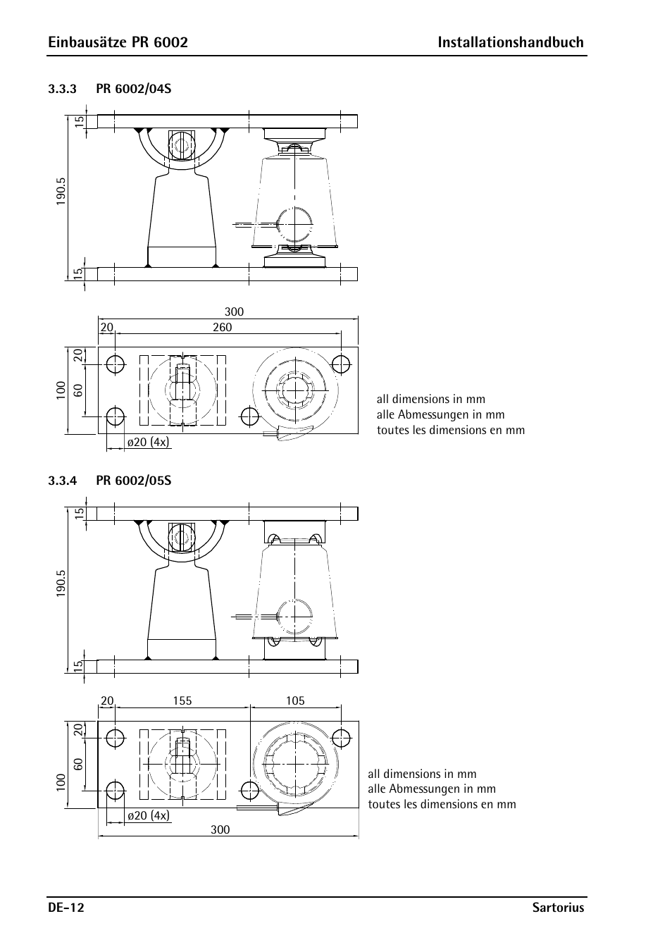 3 pr 6002/04s, 4 pr 6002/05s, Pr 6002/04s | Pr 6002/05s, Einbausätze pr 6002 installationshandbuch | Rice Lake PR6202 Hygienic Weigh Module Kits User Manual | Page 36 / 70