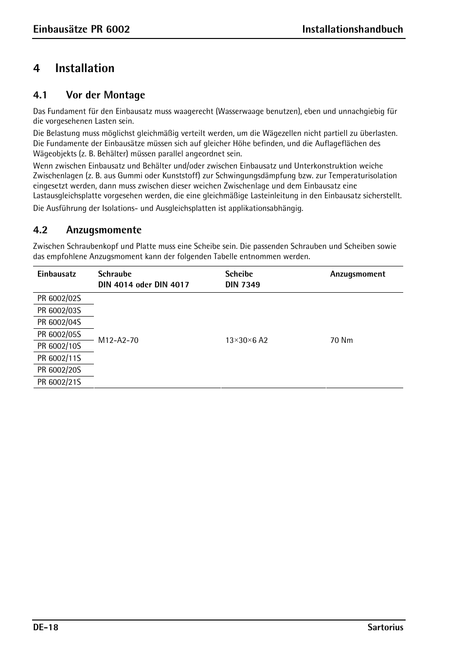 4 installation, 1 vor der montage, 2 anzugsmomente | Rice Lake PR6202 Hygienic Weigh Module Kits User Manual | Page 42 / 70