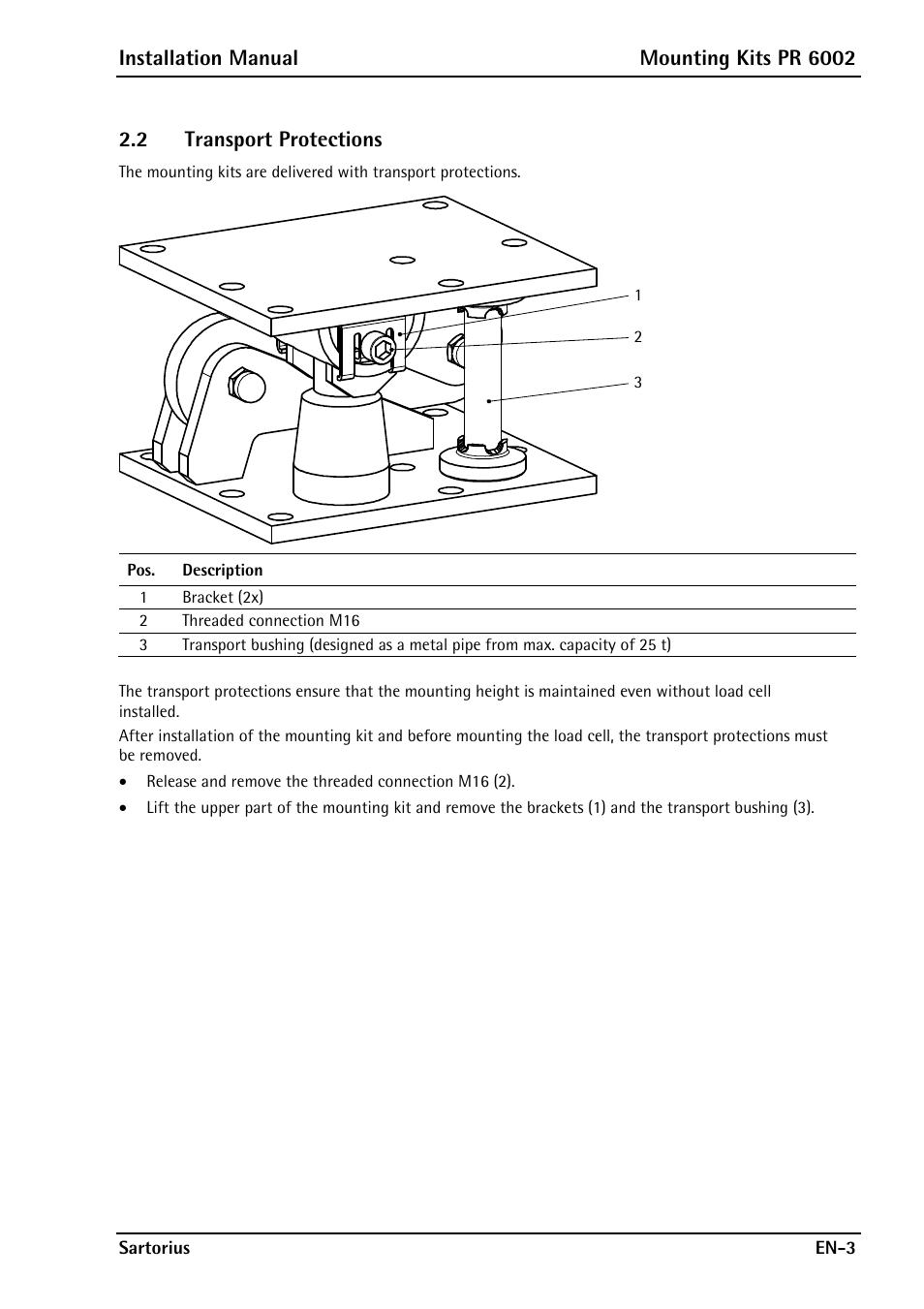 2 transport protections, Installation manual mounting kits pr 6002 | Rice Lake PR6202 Hygienic Weigh Module Kits User Manual | Page 5 / 70