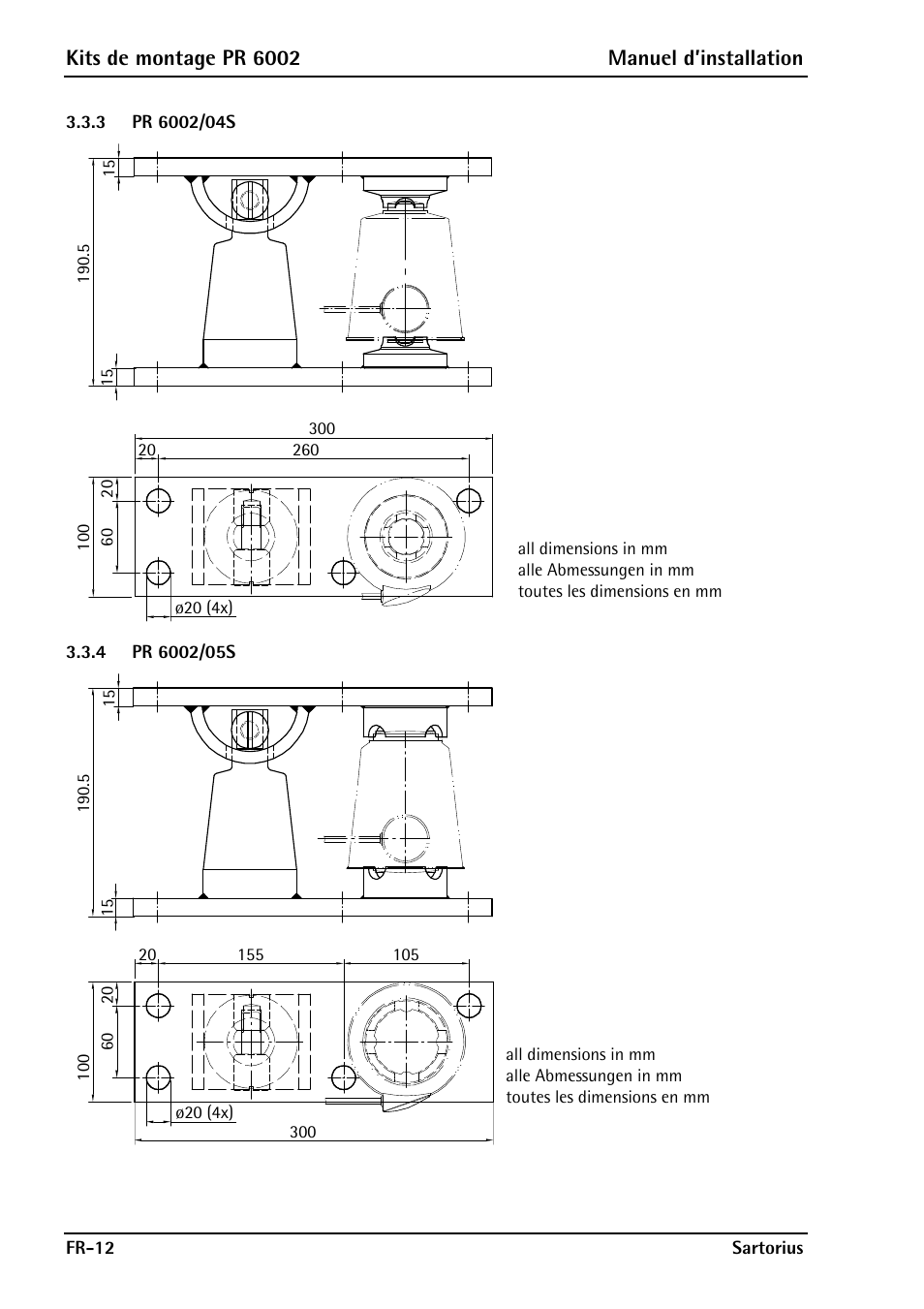 3 pr 6002/04s, 4 pr 6002/05s, Pr 6002/04s | Pr 6002/05s, Kits de montage pr 6002 manuel d’installation | Rice Lake PR6202 Hygienic Weigh Module Kits User Manual | Page 58 / 70