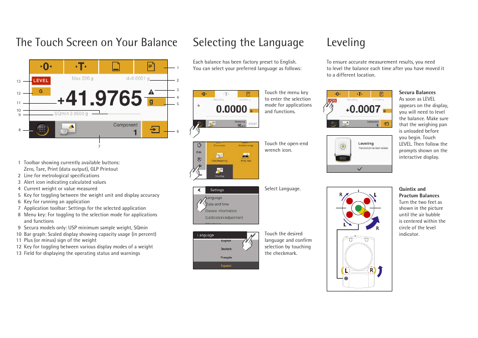 The touch screen on your balance, Leveling, Selecting the language | Rice Lake Secura - Quintix and Practum Series - Application Guide User Manual | Page 2 / 8