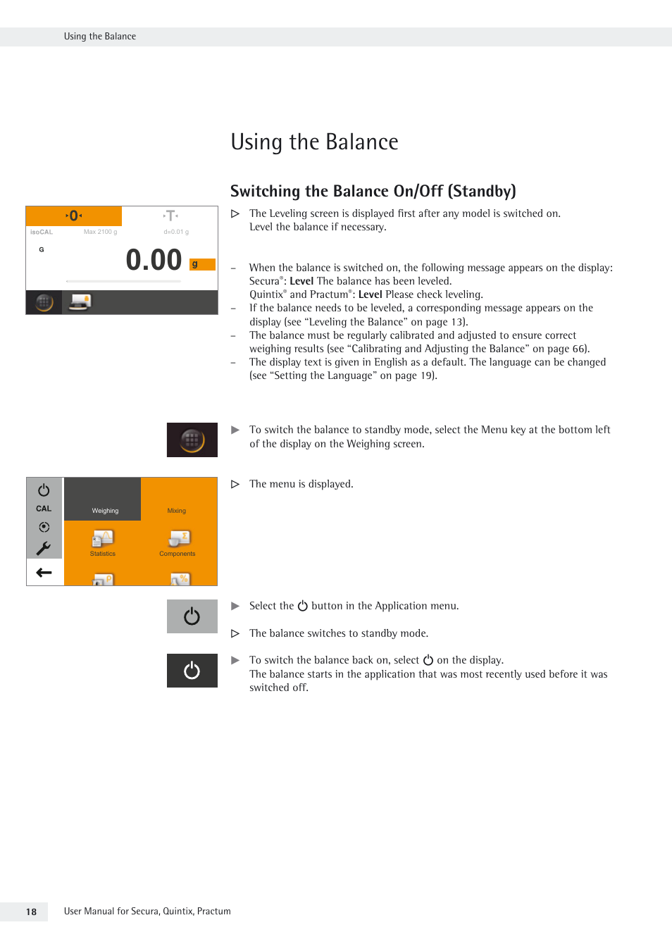 Using the balance, Switching the balance on/off (standby) | Rice Lake Secura - Quintix and Practum Series - User Manual User Manual | Page 18 / 108