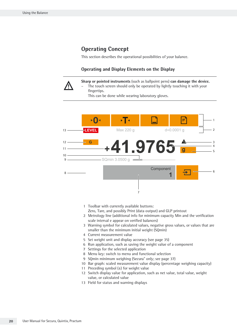 Operating concept, Operating and display elements on the display | Rice Lake Secura - Quintix and Practum Series - User Manual User Manual | Page 20 / 108