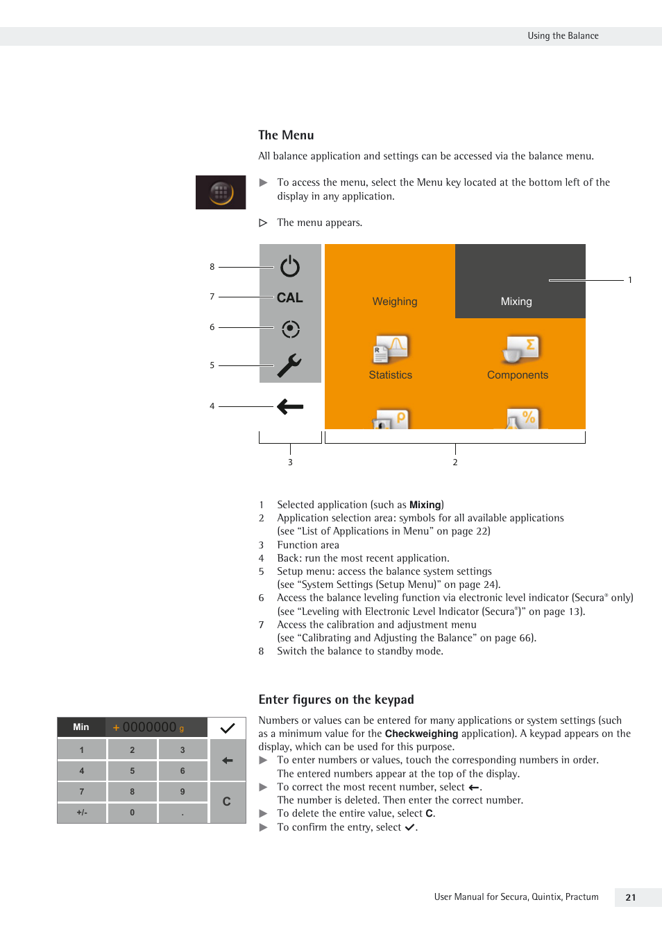 The menu, Enter figures on the keypad | Rice Lake Secura - Quintix and Practum Series - User Manual User Manual | Page 21 / 108