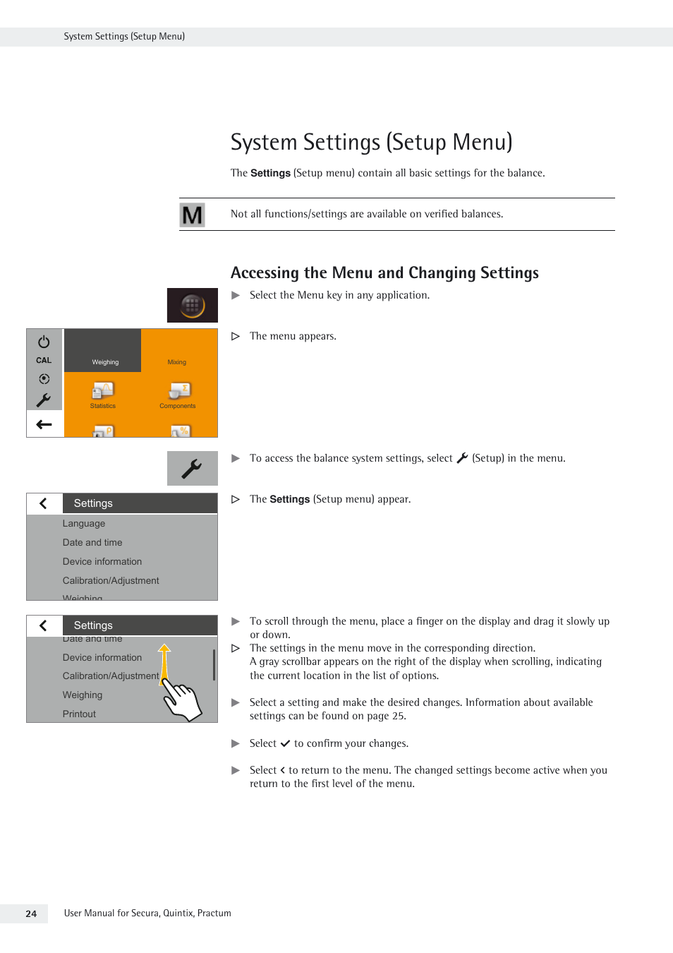 System settings (setup menu), Accessing the menu and changing settings | Rice Lake Secura - Quintix and Practum Series - User Manual User Manual | Page 24 / 108