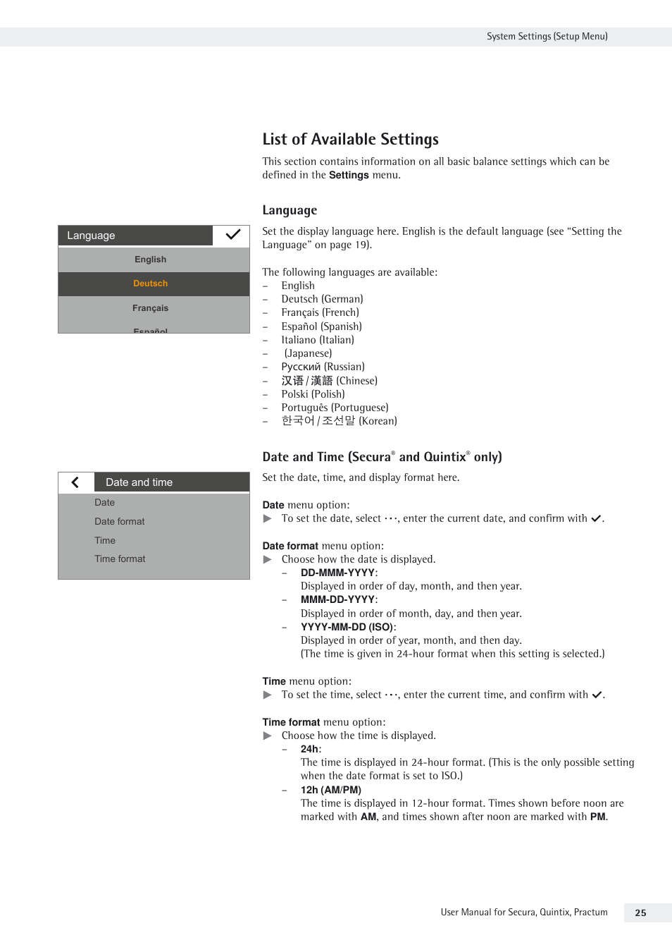 List of available settings | Rice Lake Secura - Quintix and Practum Series - User Manual User Manual | Page 25 / 108