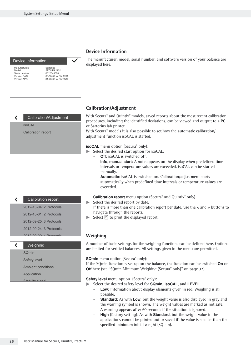 Device information, Calibration/adjustment, Weighing | Rice Lake Secura - Quintix and Practum Series - User Manual User Manual | Page 26 / 108