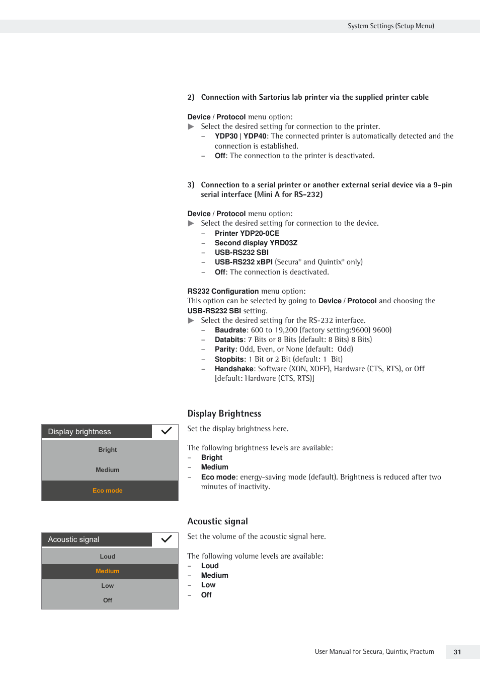 Display brightness, Acoustic signal | Rice Lake Secura - Quintix and Practum Series - User Manual User Manual | Page 31 / 108
