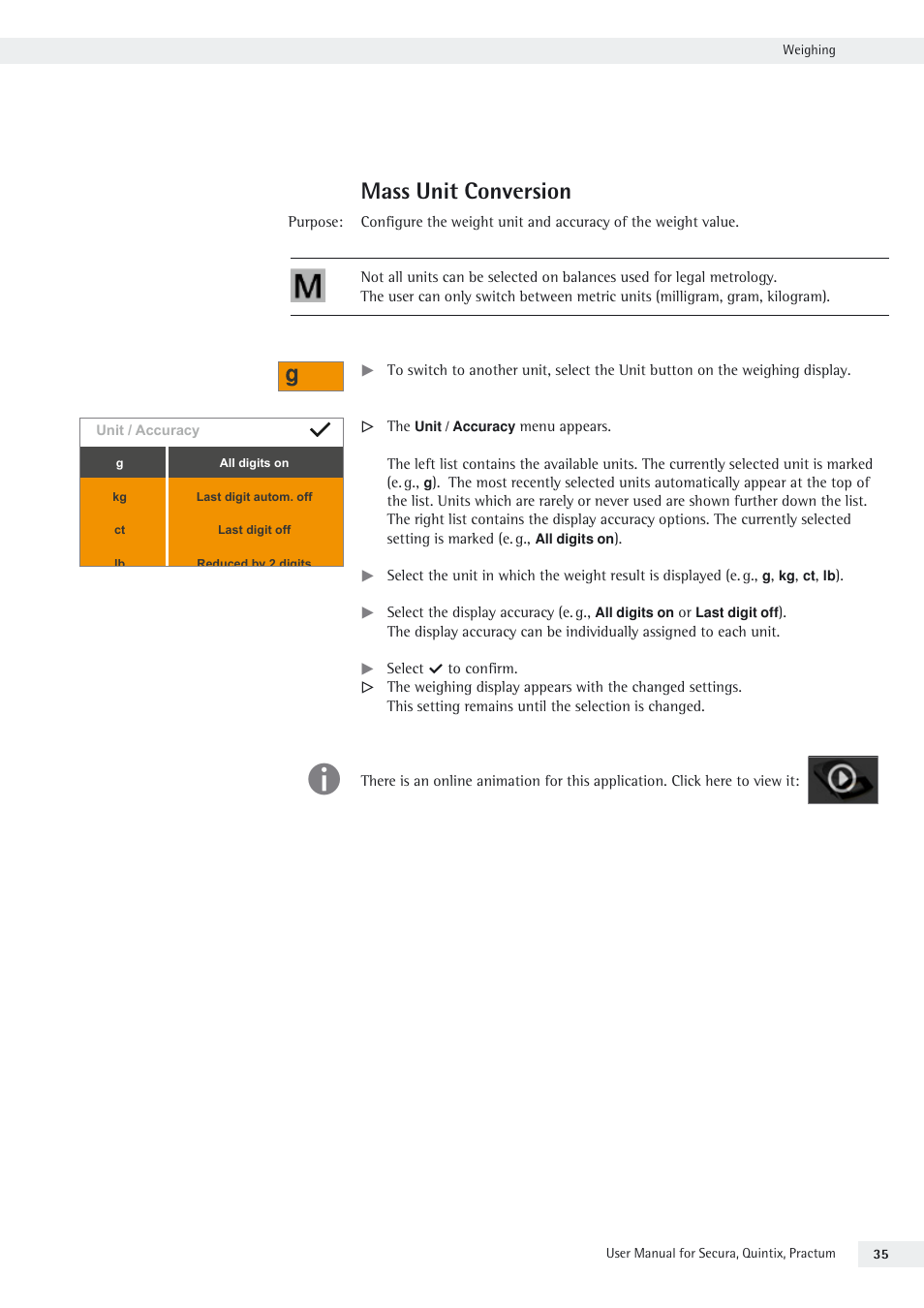 Mass unit conversion | Rice Lake Secura - Quintix and Practum Series - User Manual User Manual | Page 35 / 108
