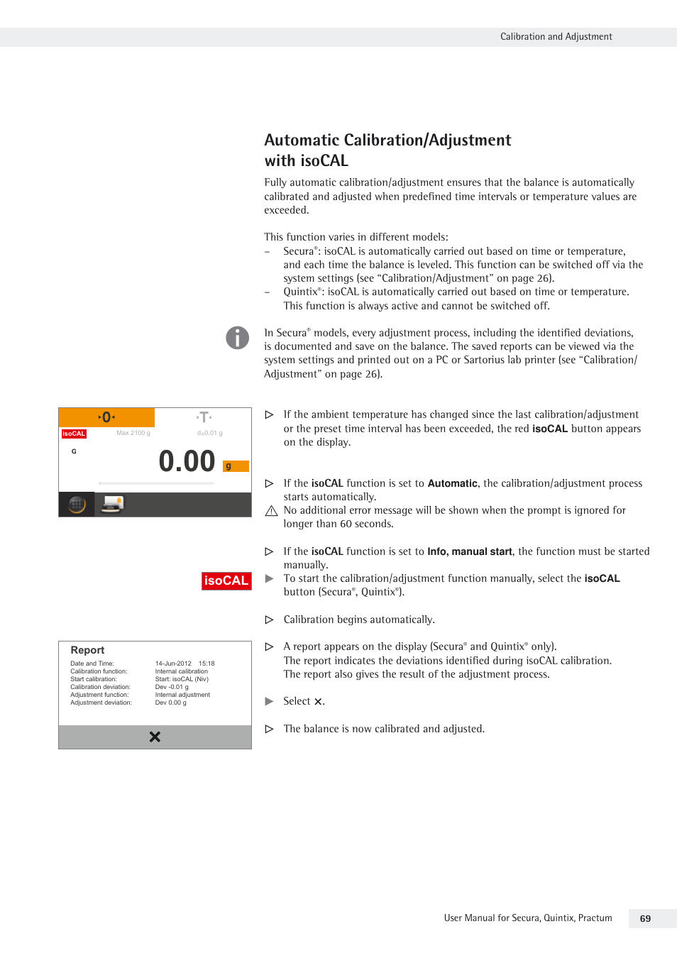 Automatic calibration/adjustment with isocal | Rice Lake Secura - Quintix and Practum Series - User Manual User Manual | Page 69 / 108