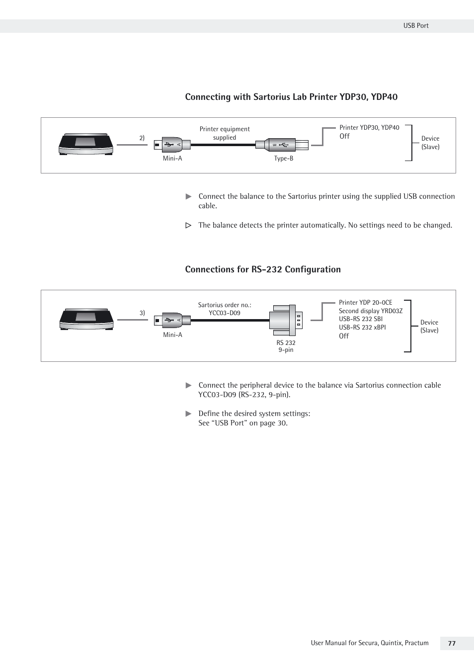 Connecting with sartorius lab printer ydp30, ydp40, Connections for rs-232 configuration | Rice Lake Secura - Quintix and Practum Series - User Manual User Manual | Page 77 / 108