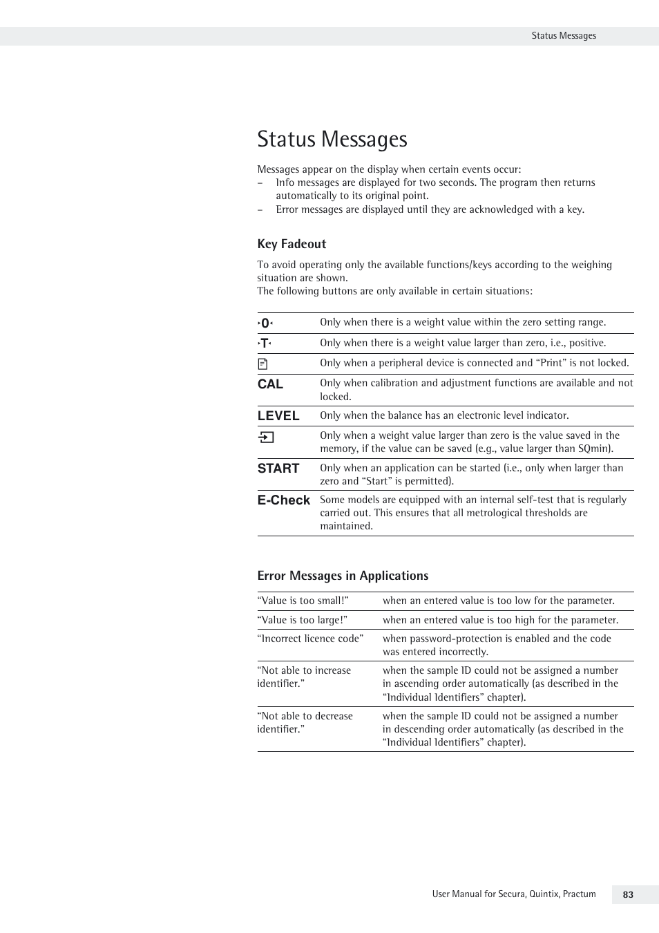 Status messages | Rice Lake Secura - Quintix and Practum Series - User Manual User Manual | Page 83 / 108