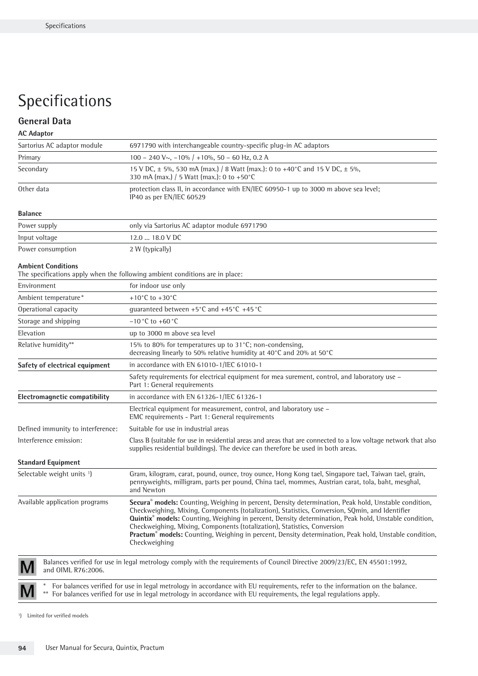 Specifications, General data | Rice Lake Secura - Quintix and Practum Series - User Manual User Manual | Page 94 / 108