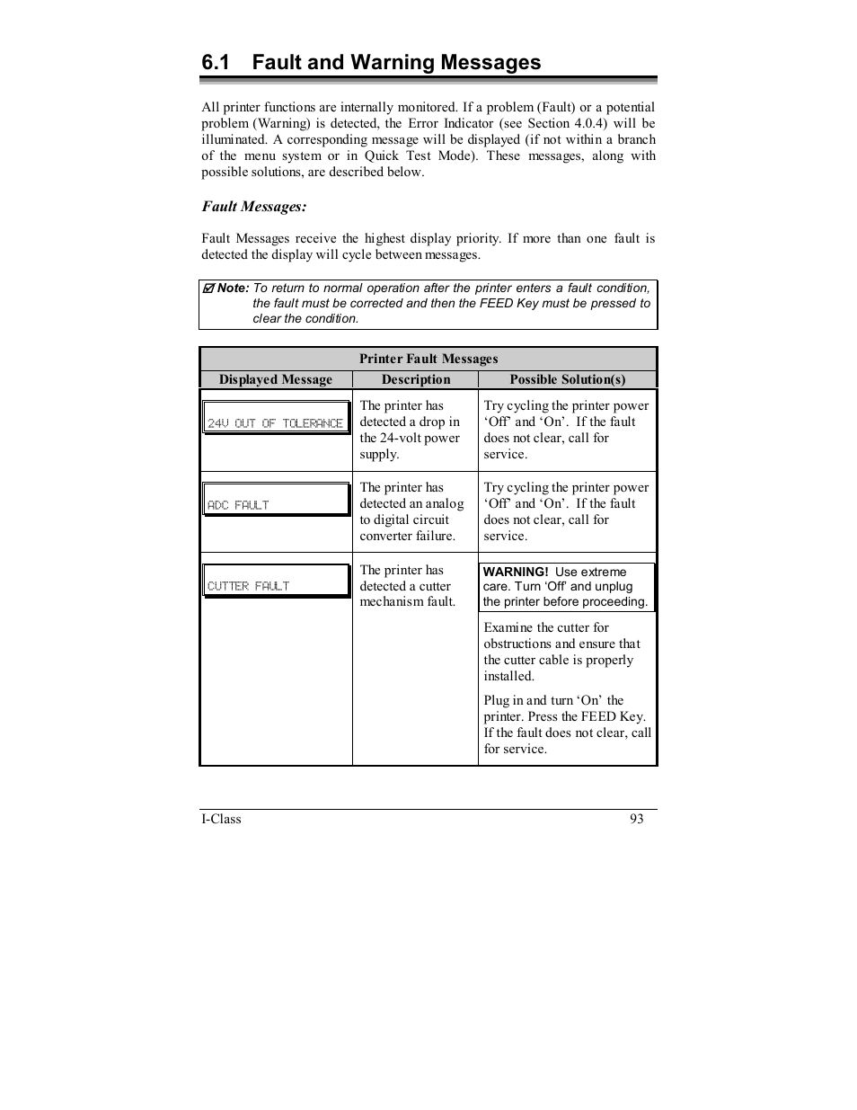 1 fault and warning messages | Rice Lake Datamax-ONeil I-Class Printer User Manual | Page 103 / 146