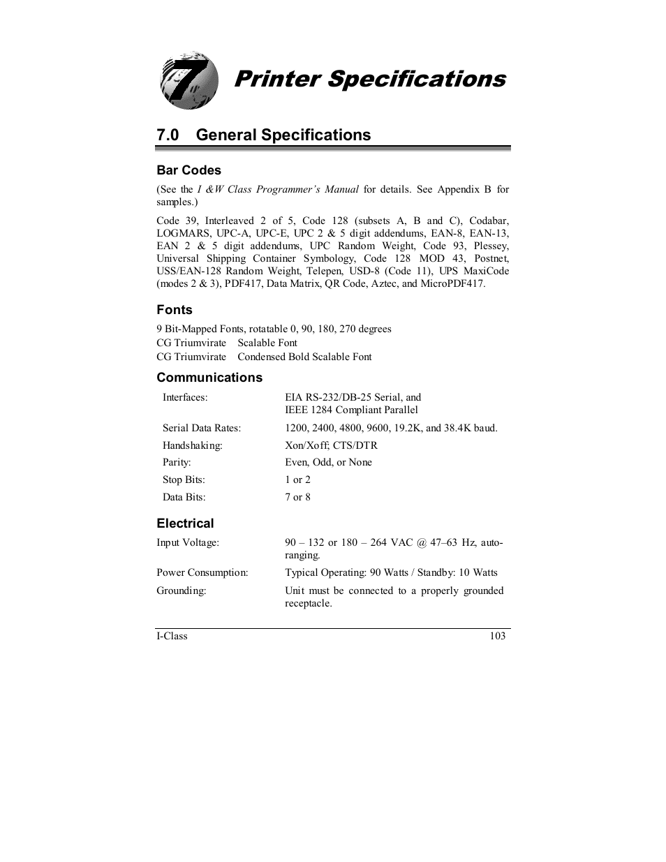 Printer specifications, 0 general specifications | Rice Lake Datamax-ONeil I-Class Printer User Manual | Page 113 / 146
