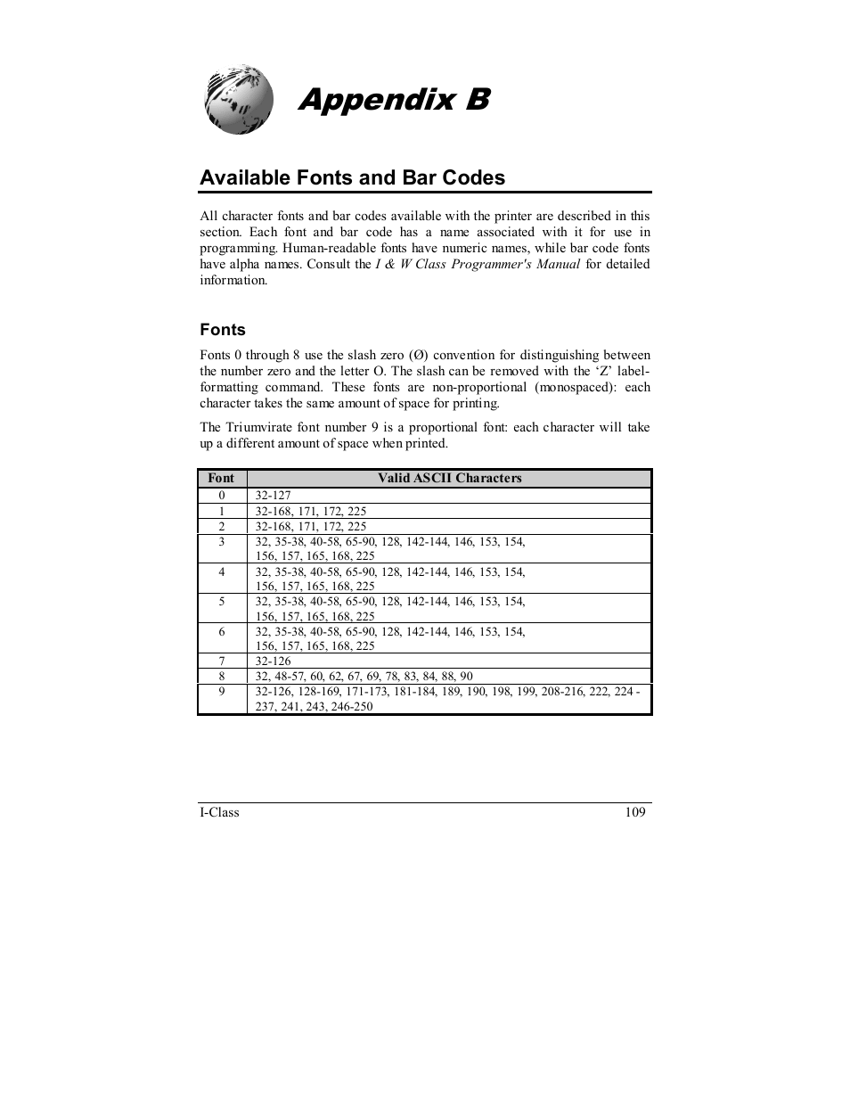 Appendix b, Available fonts and bar codes | Rice Lake Datamax-ONeil I-Class Printer User Manual | Page 119 / 146