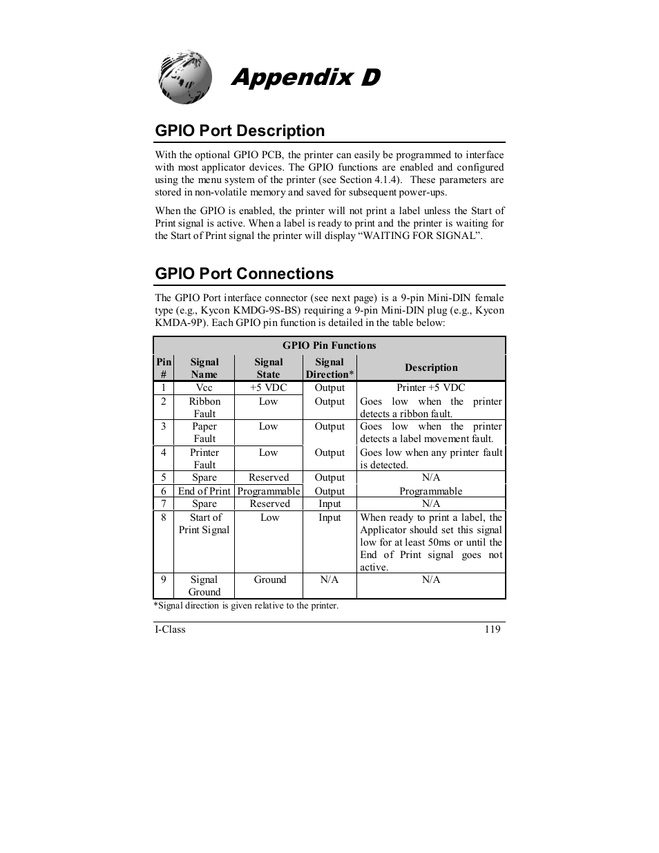 Appendix d, Gpio port description, Gpio port connections | Rice Lake Datamax-ONeil I-Class Printer User Manual | Page 129 / 146