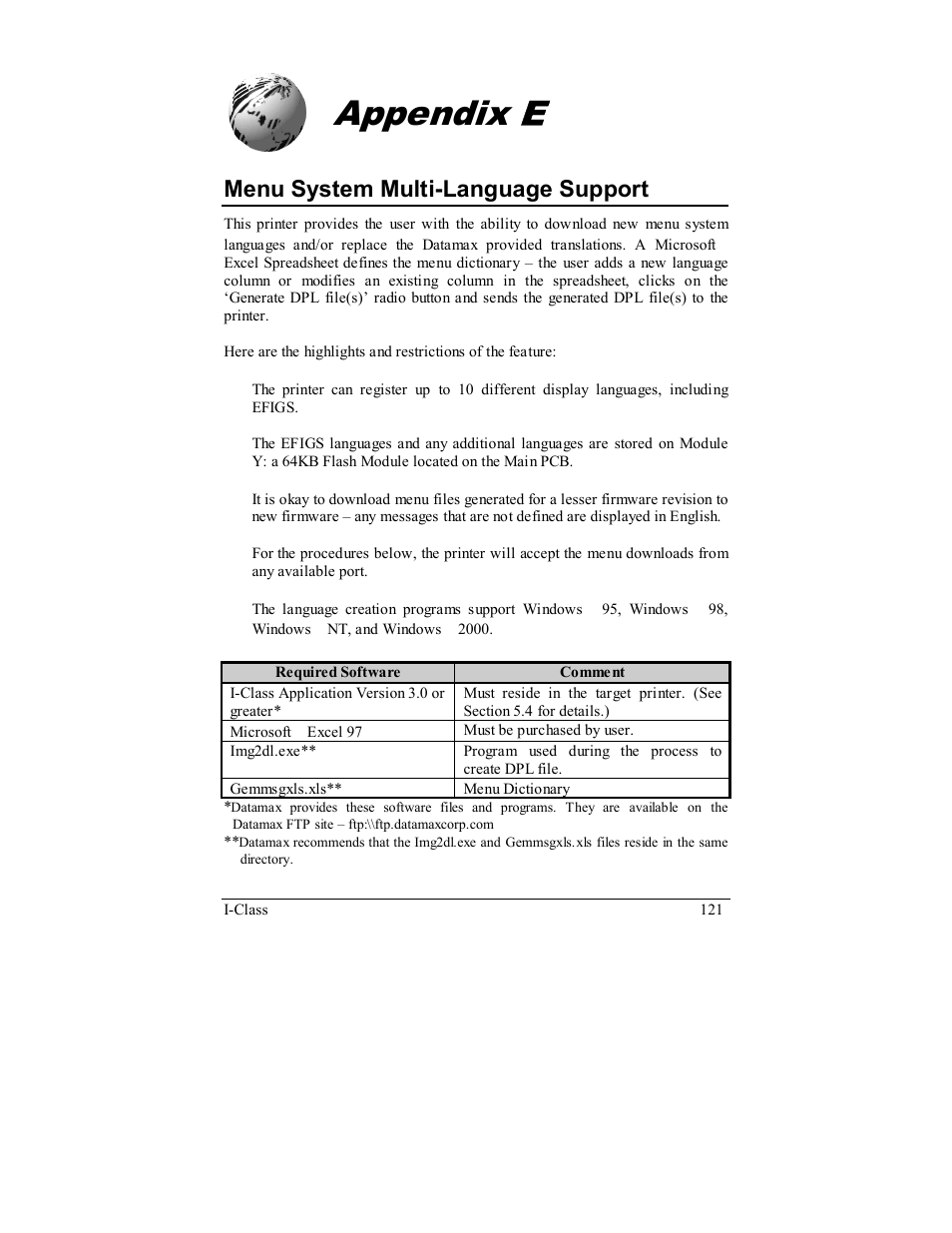 Appendix e, Menu system multi-language support | Rice Lake Datamax-ONeil I-Class Printer User Manual | Page 131 / 146