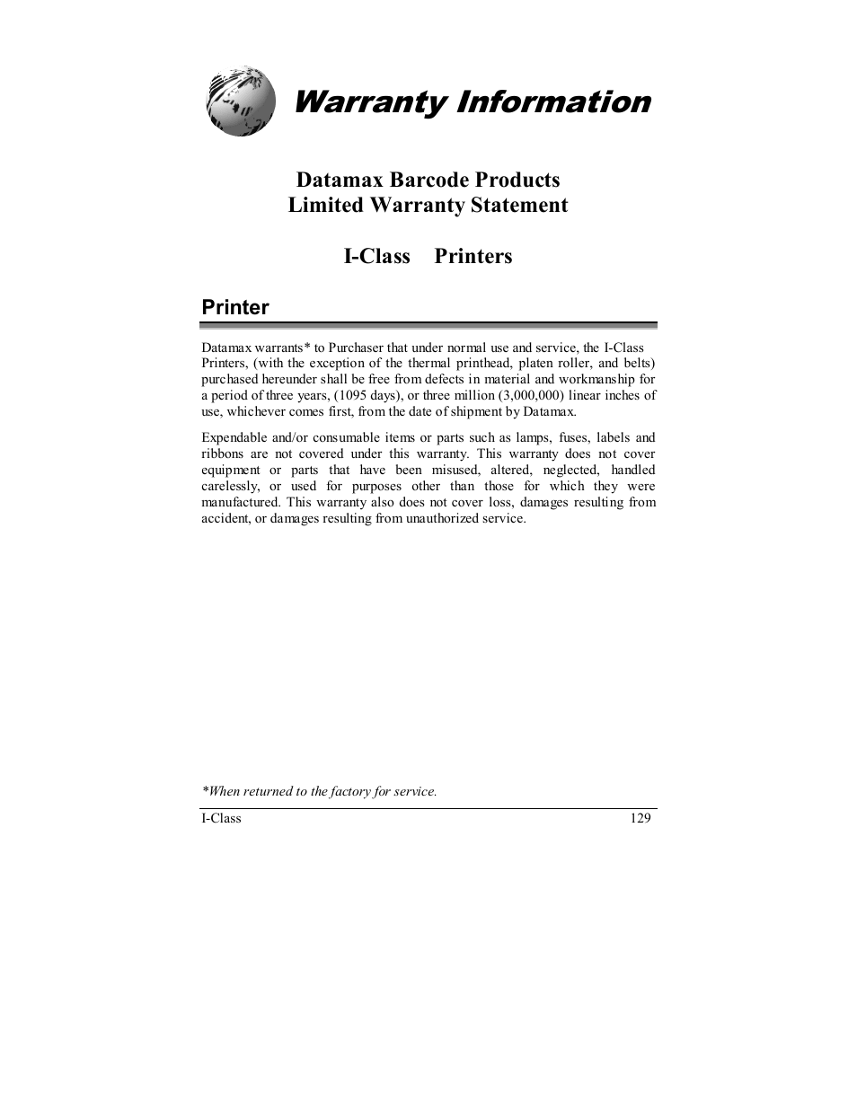 Warranty information | Rice Lake Datamax-ONeil I-Class Printer User Manual | Page 139 / 146