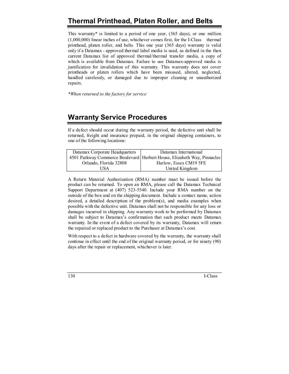 Thermal printhead, platen roller, and belts, Warranty service procedures | Rice Lake Datamax-ONeil I-Class Printer User Manual | Page 140 / 146