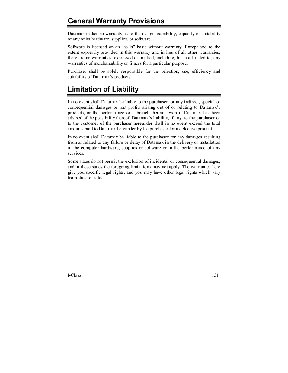 General warranty provisions, Limitation of liability | Rice Lake Datamax-ONeil I-Class Printer User Manual | Page 141 / 146
