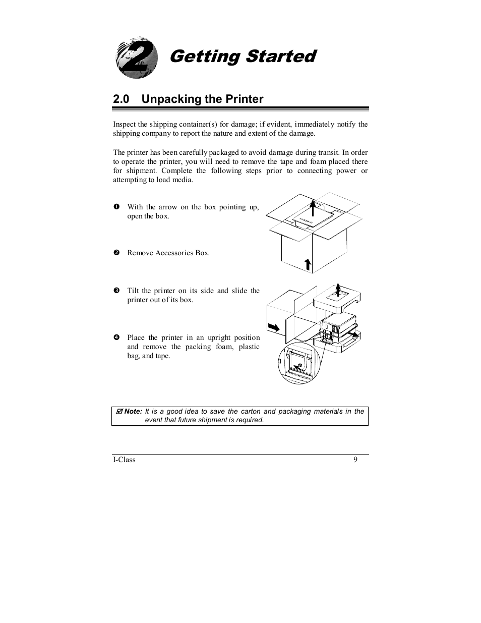 Getting started, 0 unpacking the printer | Rice Lake Datamax-ONeil I-Class Printer User Manual | Page 19 / 146