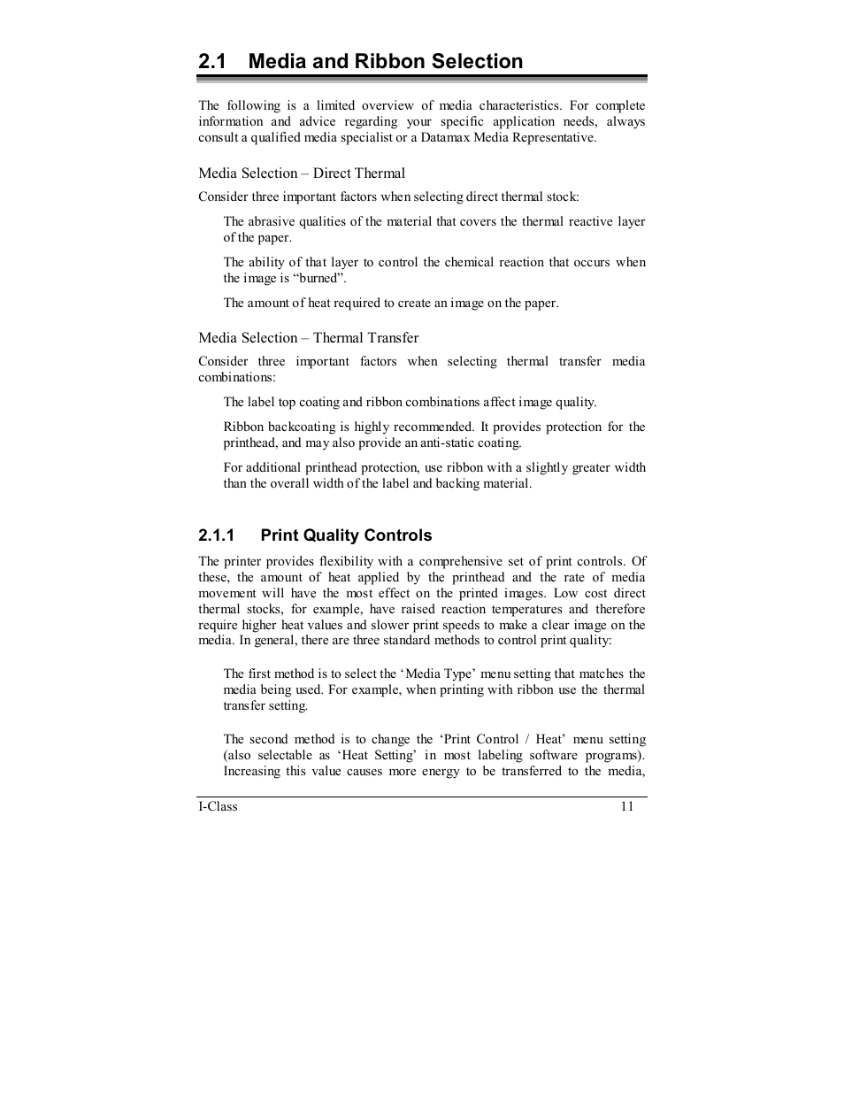 1 media and ribbon selection | Rice Lake Datamax-ONeil I-Class Printer User Manual | Page 21 / 146