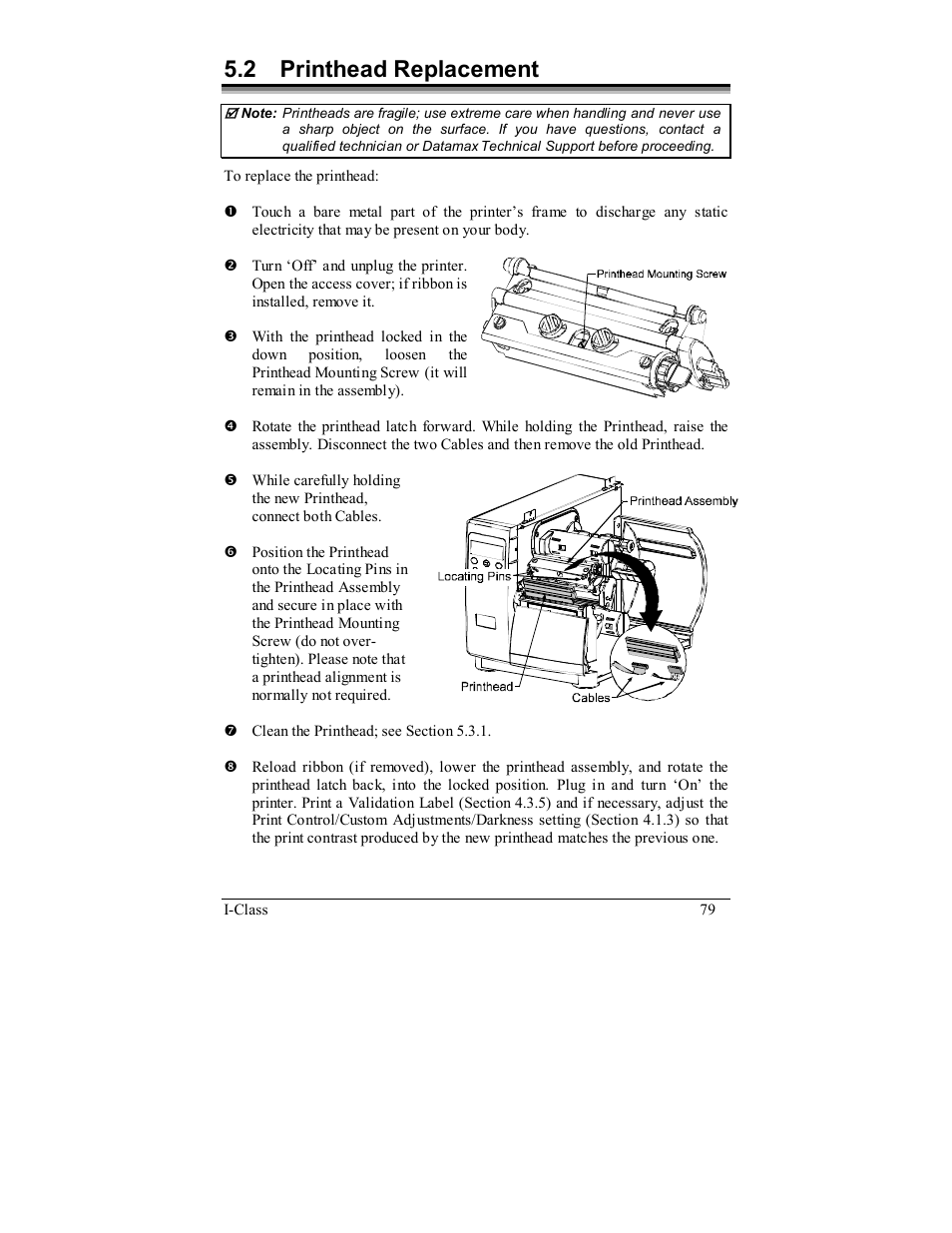 2 printhead replacement | Rice Lake Datamax-ONeil I-Class Printer User Manual | Page 89 / 146