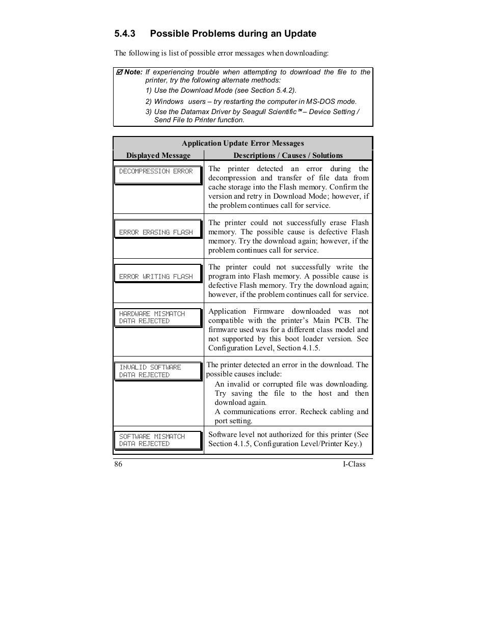 3 possible problems during an update | Rice Lake Datamax-ONeil I-Class Printer User Manual | Page 96 / 146