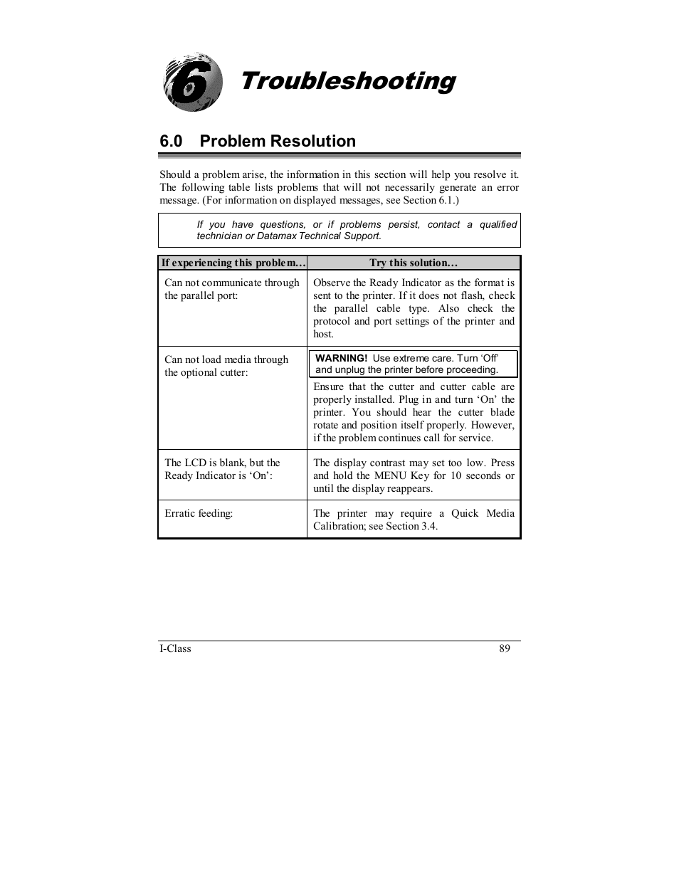 Troubleshooting, 0 problem resolution | Rice Lake Datamax-ONeil I-Class Printer User Manual | Page 99 / 146