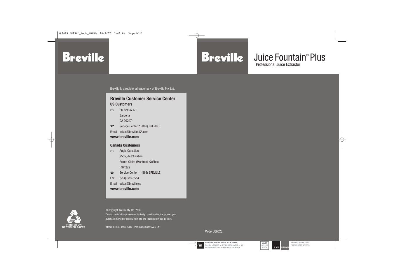 Breville JUICE FOUNTAIN JE95XL User Manual | 58 pages