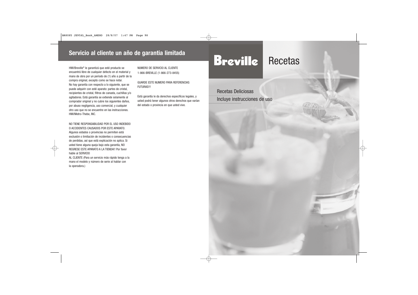 Recetas, Servicio al cliente un año de garantia limitada | Breville JUICE FOUNTAIN JE95XL User Manual | Page 50 / 58