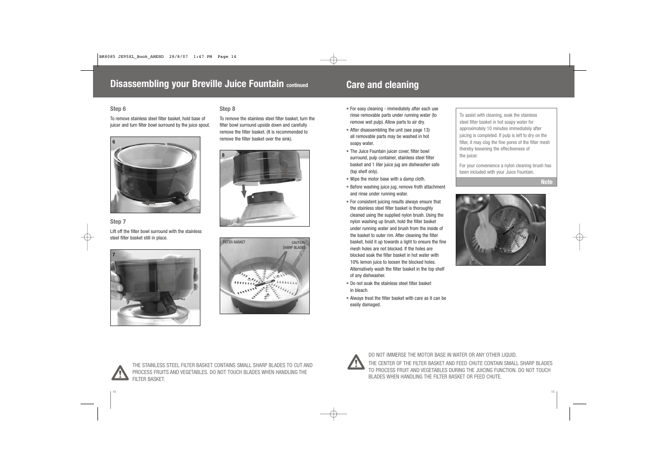 Care and cleaning, Disassembling your breville juice fountain | Breville JUICE FOUNTAIN JE95XL User Manual | Page 8 / 58