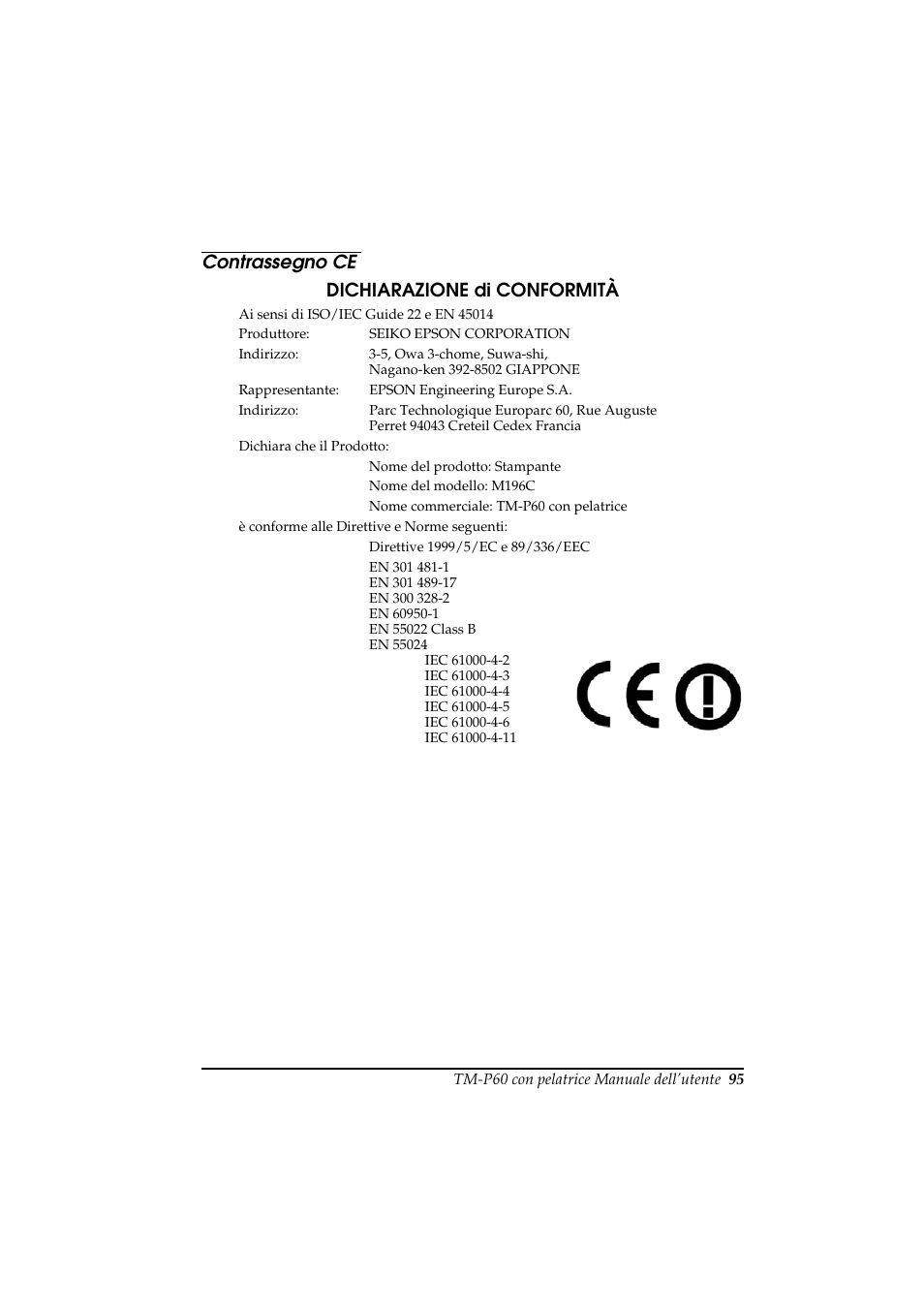 Contrassegno ce dichiarazione di conformità | Rice Lake Epson Mobilink TM-P60 User Manual | Page 101 / 104