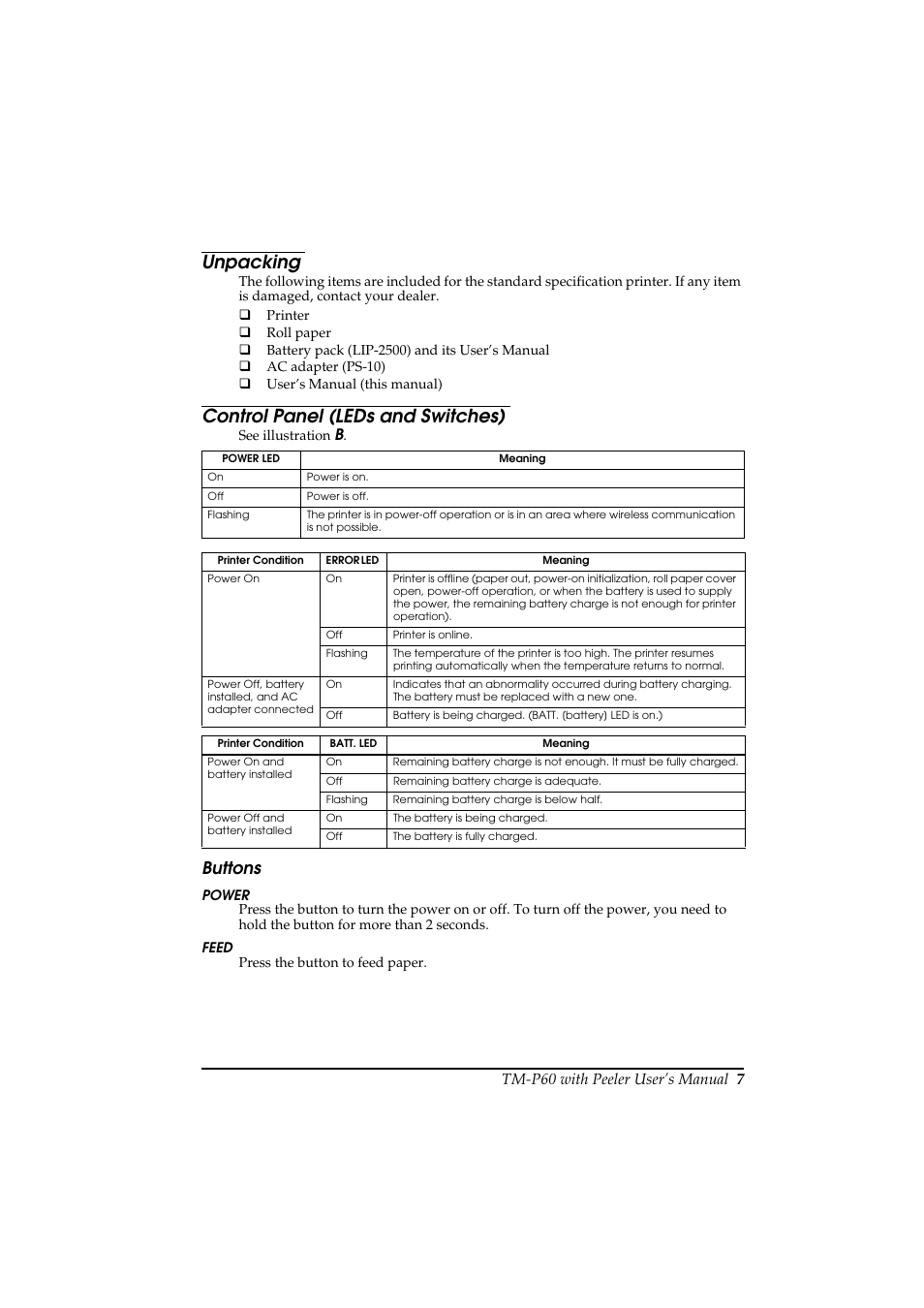 Unpacking, Control panel (leds and switches), Buttons | Rice Lake Epson Mobilink TM-P60 User Manual | Page 13 / 104