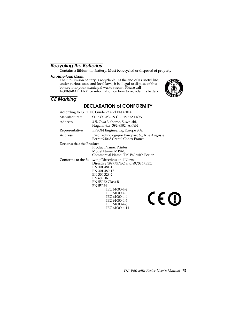 Recycling the batteries, Ce marking declaration of conformity | Rice Lake Epson Mobilink TM-P60 User Manual | Page 19 / 104