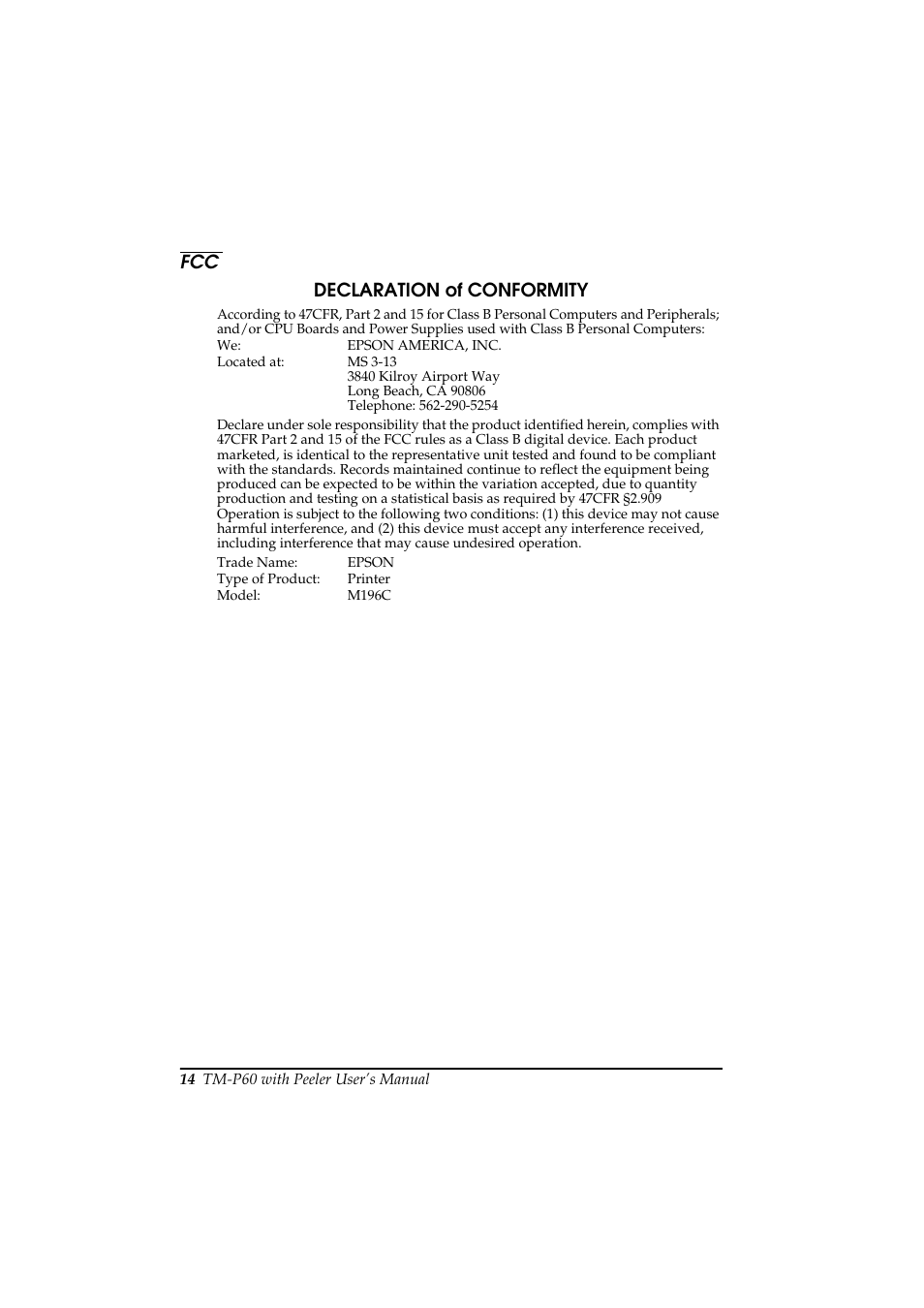 Fcc declaration of conformity | Rice Lake Epson Mobilink TM-P60 User Manual | Page 20 / 104