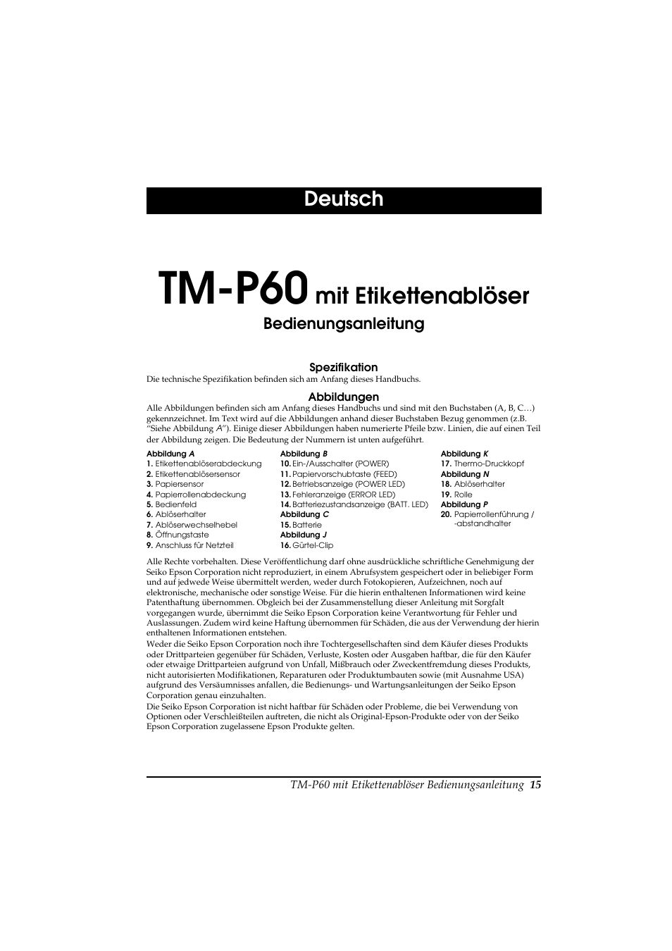 Bedienungsanleitung, Gebruikershandleiding, Tm-p60 | Mit etikettenablöser, Deutsch | Rice Lake Epson Mobilink TM-P60 User Manual | Page 21 / 104