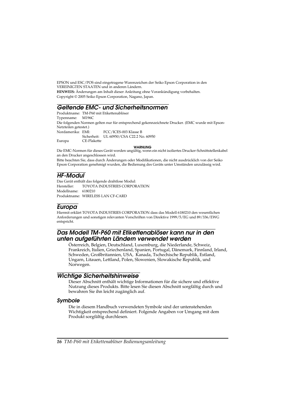 Geltende emc- und sicherheitsnormen, Hf-modul, Europa | Wichtige sicherheitshinweise | Rice Lake Epson Mobilink TM-P60 User Manual | Page 22 / 104