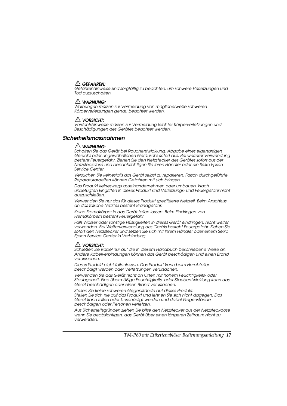 Sicherheitsmassnahmen | Rice Lake Epson Mobilink TM-P60 User Manual | Page 23 / 104