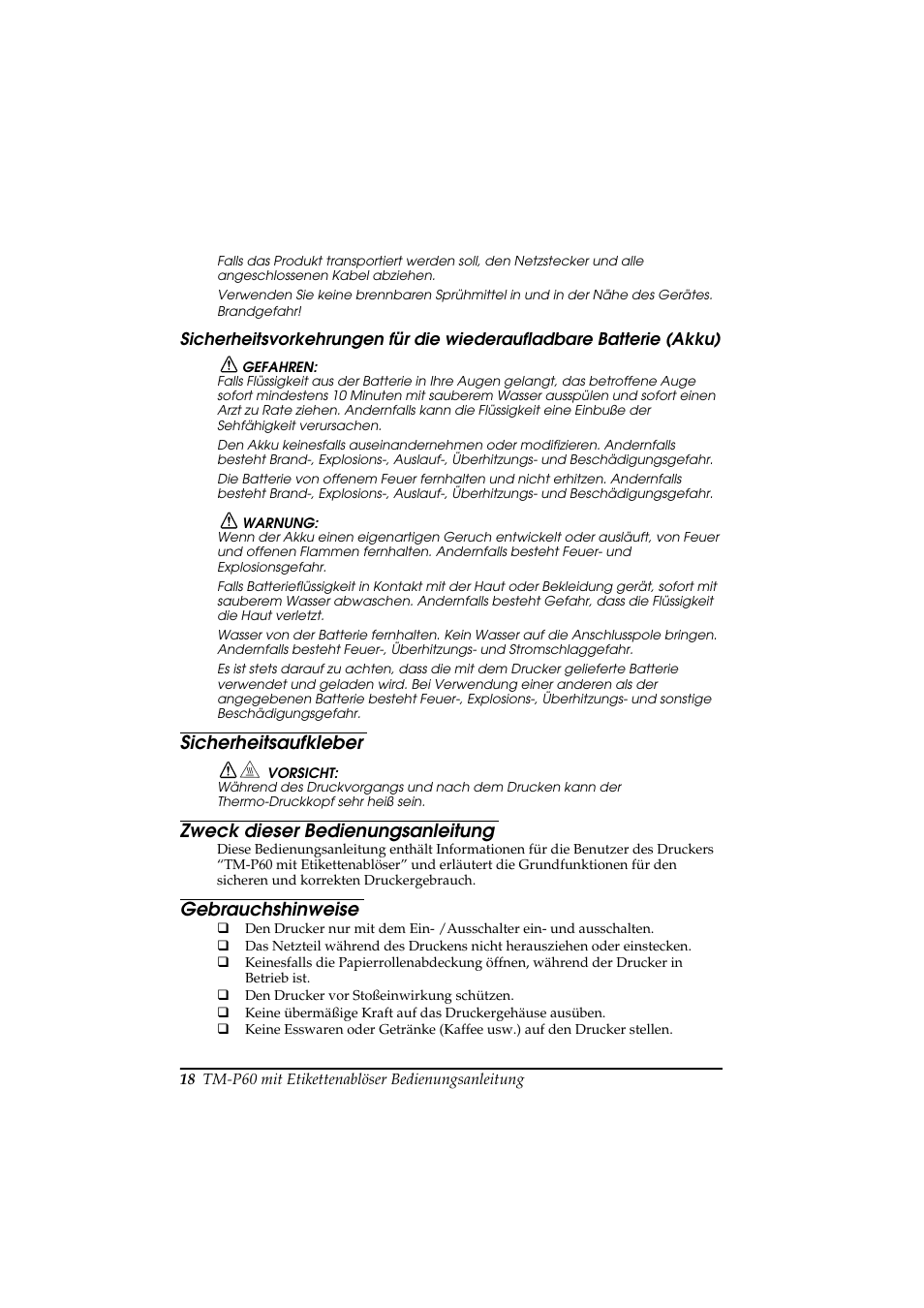 Sicherheitsaufkleber, Zweck dieser bedienungsanleitung, Gebrauchshinweise | Rice Lake Epson Mobilink TM-P60 User Manual | Page 24 / 104