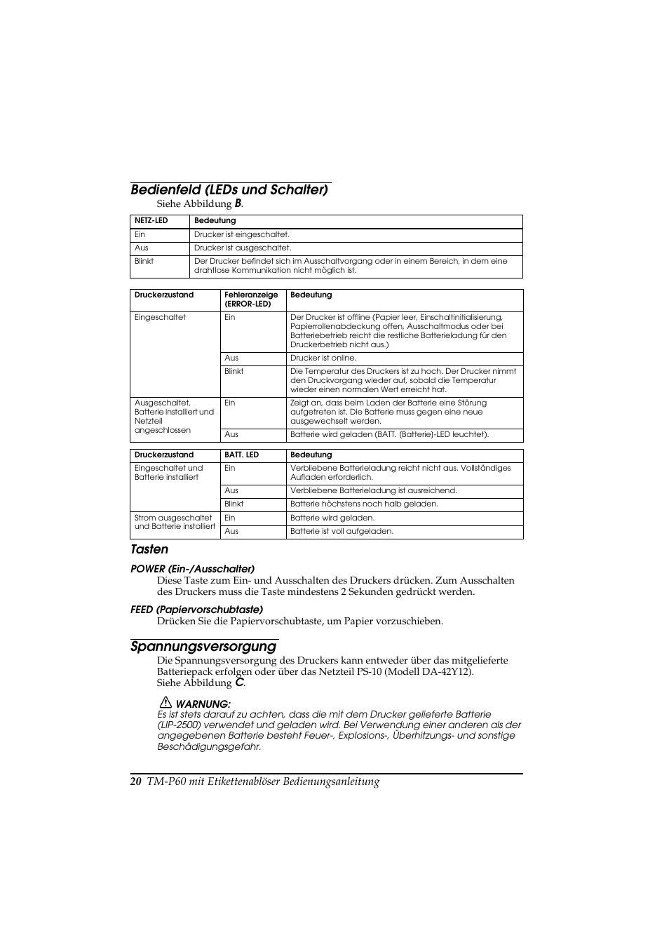 Bedienfeld (leds und schalter), Spannungsversorgung, Tasten | Rice Lake Epson Mobilink TM-P60 User Manual | Page 26 / 104