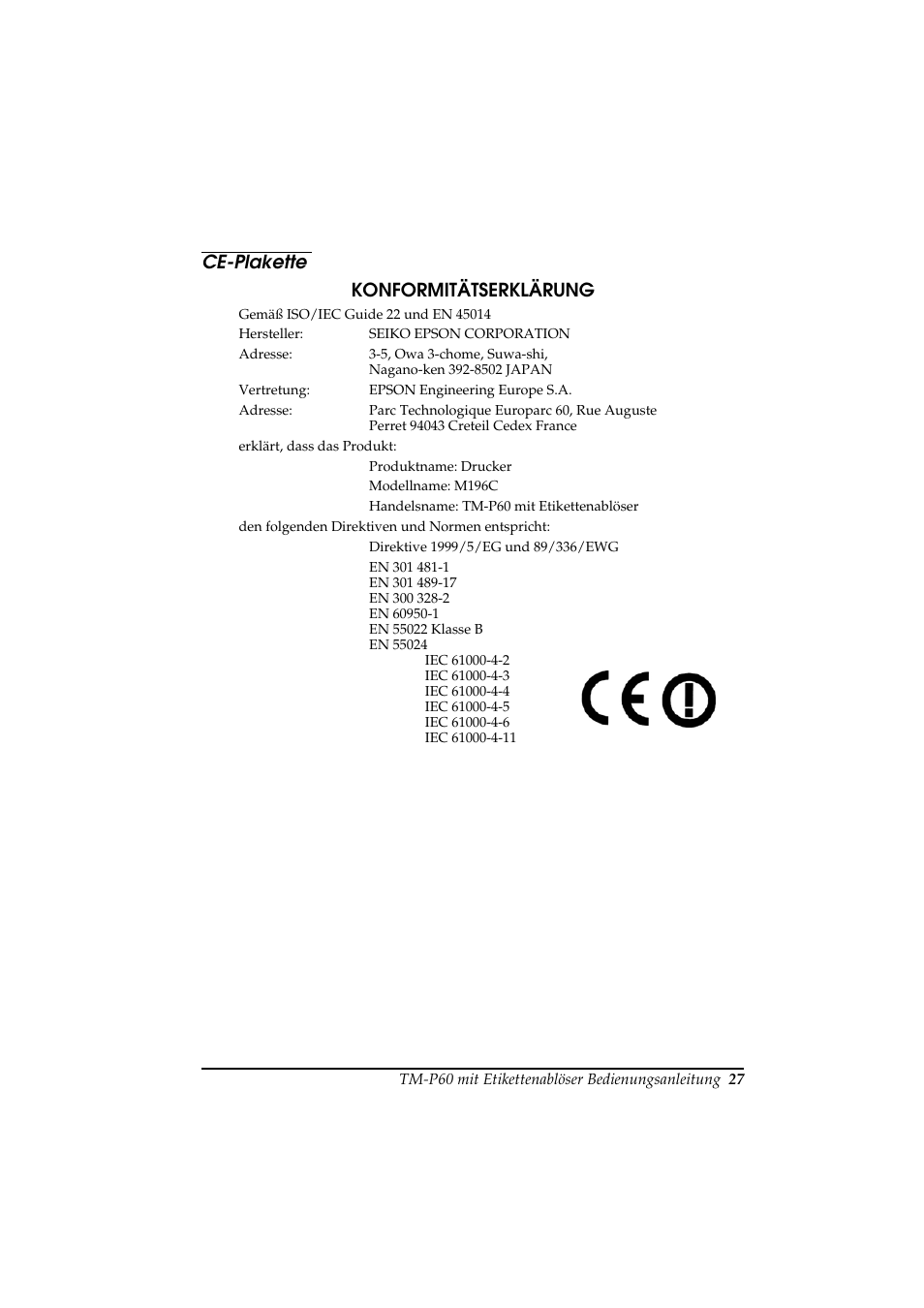 Ce-plakette konformitätserklärung | Rice Lake Epson Mobilink TM-P60 User Manual | Page 33 / 104