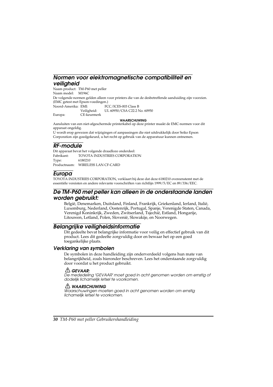 Rf-module, Europa, Belangrijke veiligheidsinformatie | Rice Lake Epson Mobilink TM-P60 User Manual | Page 36 / 104