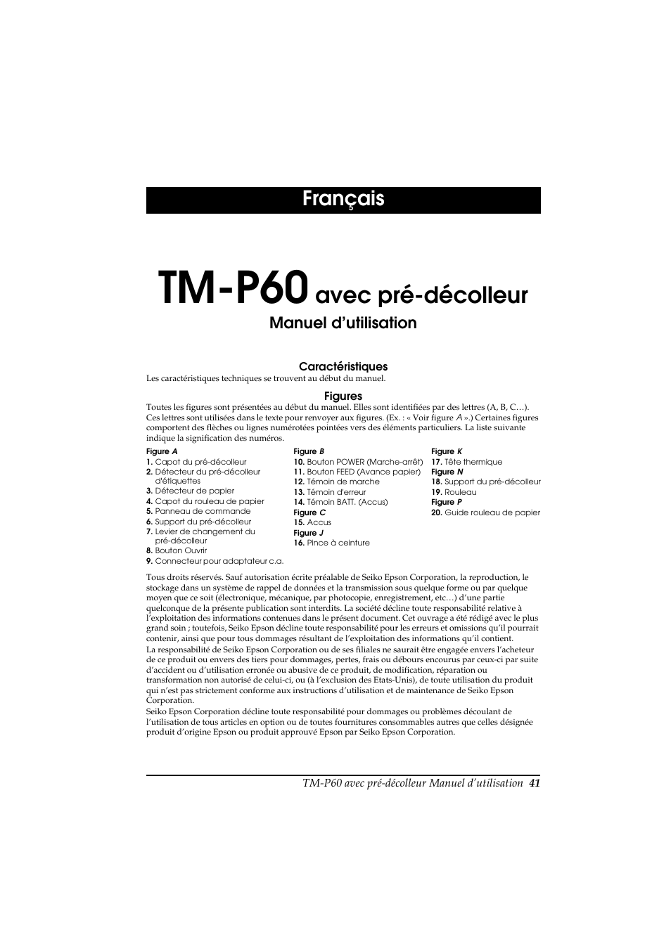 Manuel d’utilisation, Tm-p60, Avec pré-décolleur | Français | Rice Lake Epson Mobilink TM-P60 User Manual | Page 47 / 104