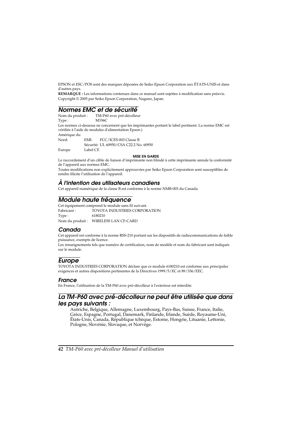 Normes emc et de sécurité, Module haute fréquence, Europe | À l'intention des utilisateurs canadiens, Canada, France | Rice Lake Epson Mobilink TM-P60 User Manual | Page 48 / 104