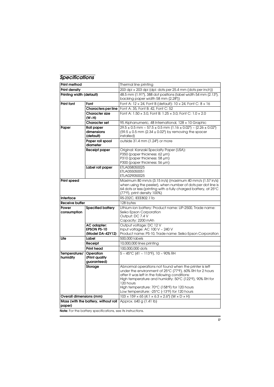 Specifications | Rice Lake Epson Mobilink TM-P60 User Manual | Page 5 / 104