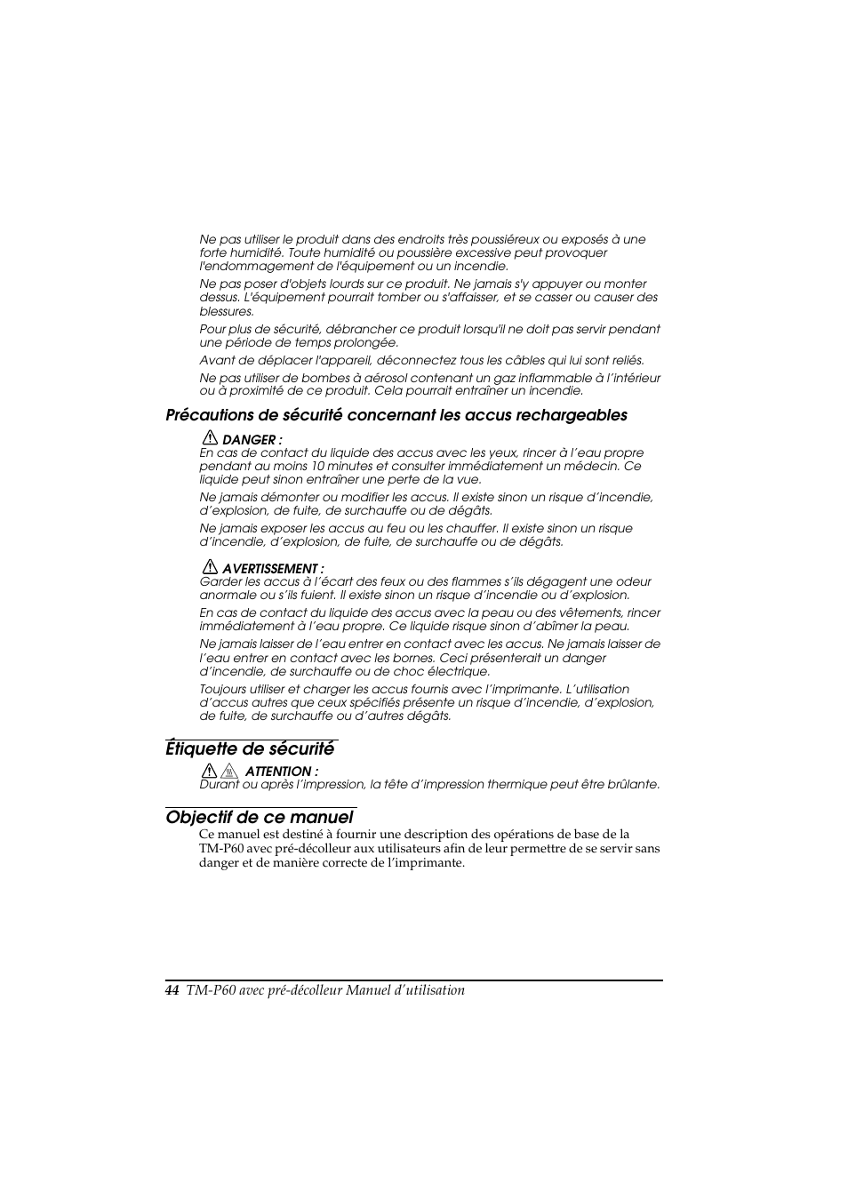 Étiquette de sécurité, Objectif de ce manuel | Rice Lake Epson Mobilink TM-P60 User Manual | Page 50 / 104